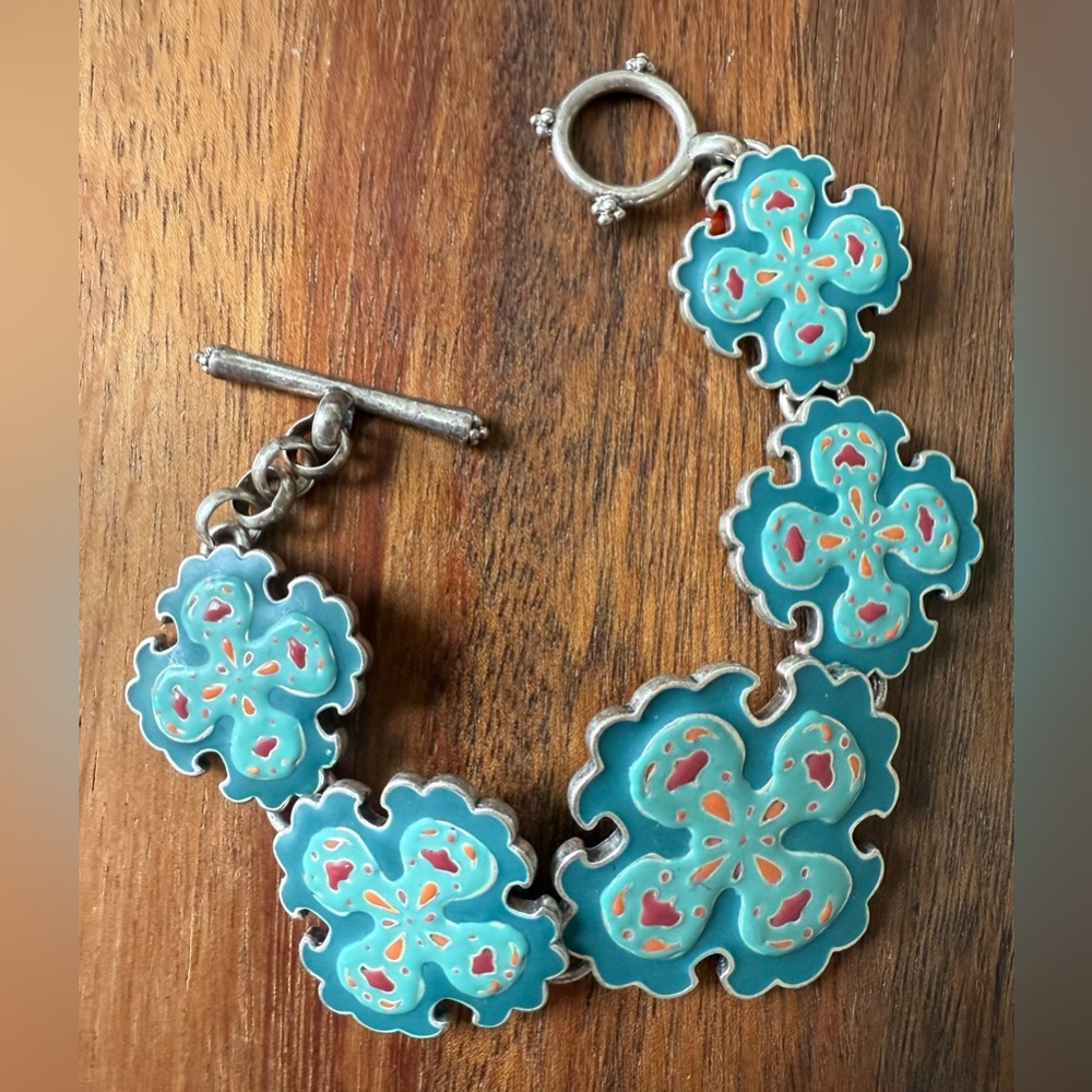 Lucky Brand Silver Tone Blue Enamel Maltese Cross Bracelet Toggle Bohemian 7.75